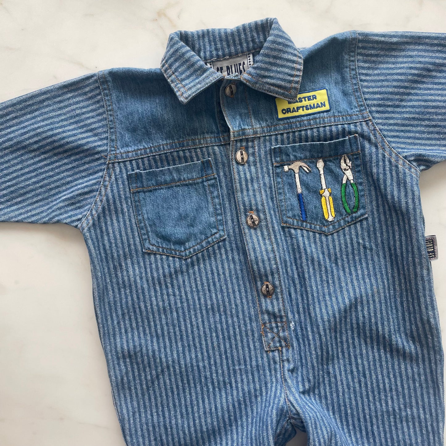 Vintage 80s San Francisco Blue’s Craftsman Denim Onesie - Size 12 Mos