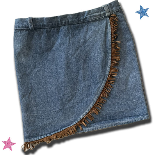 Vintage 90s YOU Babes Fringe Suede Denim Skirt - Size 6X