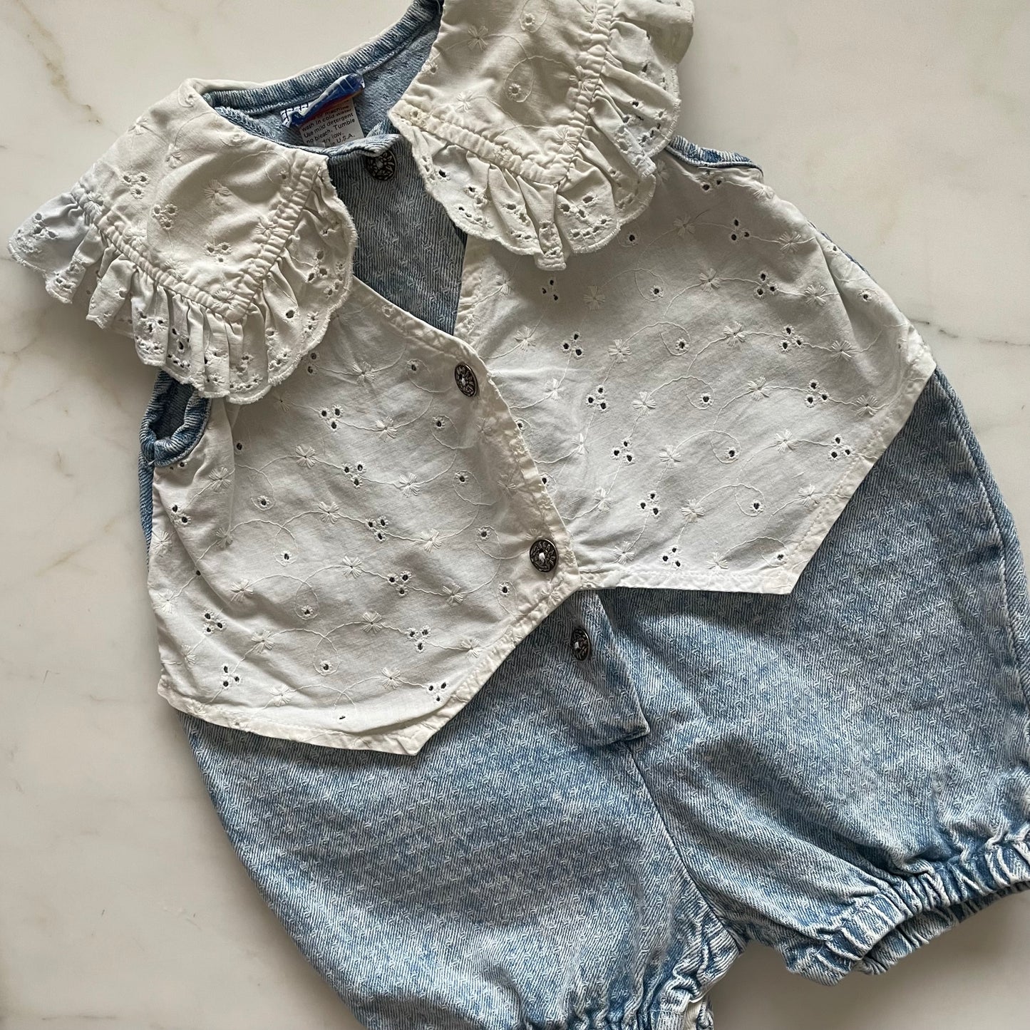 Vintage 90s Primary Acid Wash Denim & Eyelet Bubble - Size 24 Mos