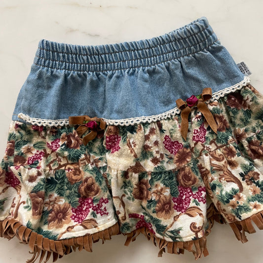 Vintage 90s Baby Boxers Mixed Material Denim & Suede Fringe Cowgirl Skirt - Size 3T