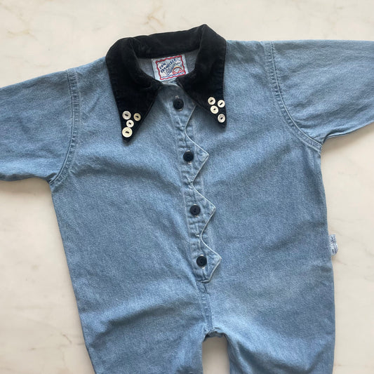 Vintage 90s San Francisco Blues Denim and Velvet Long Sleeve Onesie - Size 12 Mos