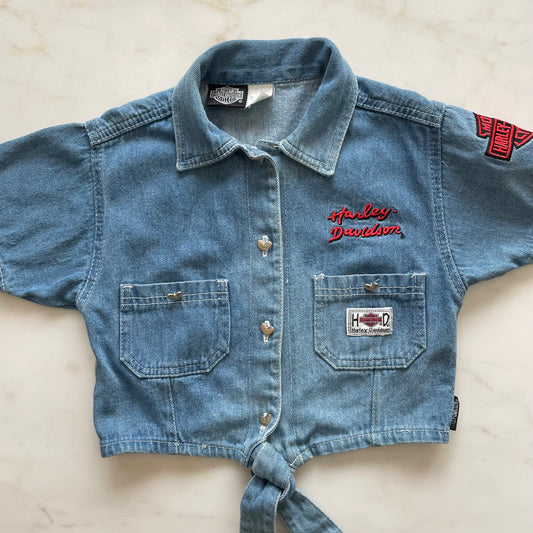 Vintage 90s Harley-Davidson Patchwork Tie-Up Denim Top - Size Small (7-8)